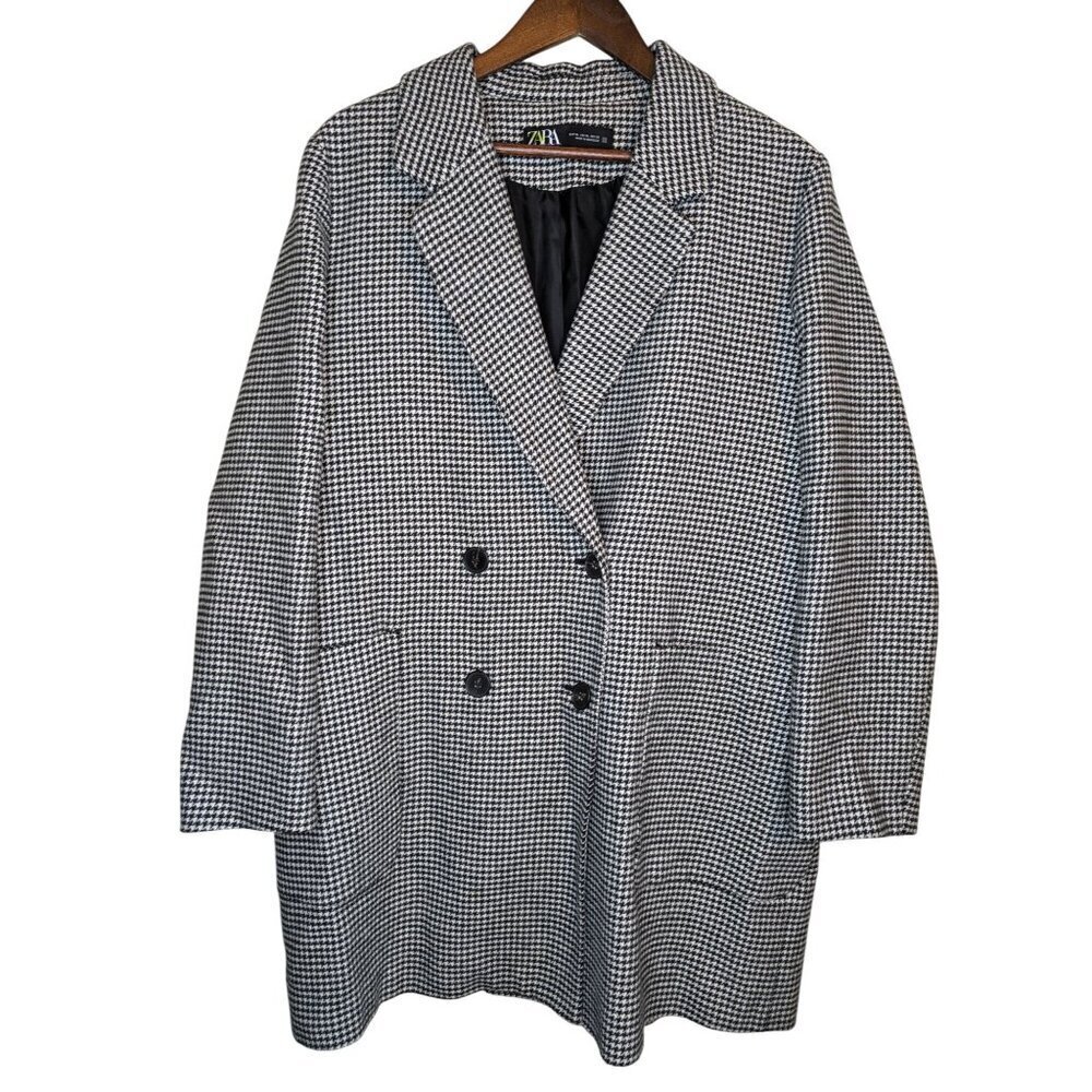 Zara Houndstooth Double Breasted Pea Coat Size XL Black White Preppy Academia